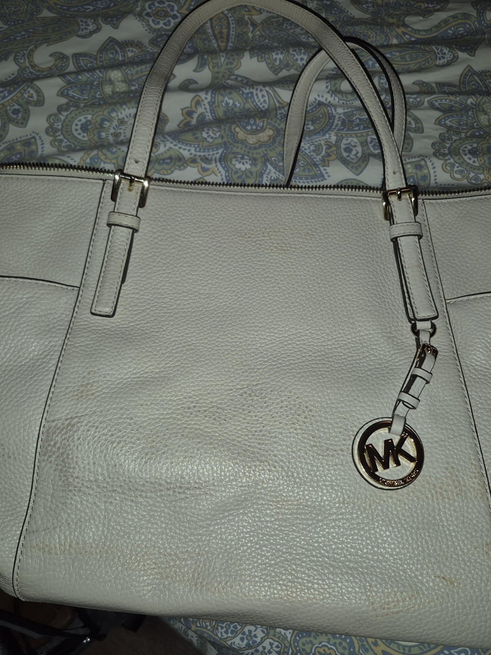 Michael Kors White Leather Tote Bag with Gold Logo Charm